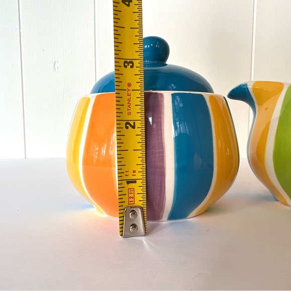 Vintage Hand Painted Cabana Stripes Sugar & Creamer Canhome Thailand - Picture 3 of 11